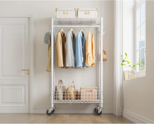 Miniatura 9 de VIPEK R1 - Perchero rodante con organizador de tablero de clavijas, armario portátil para colgar ropa con ruedas bloqueables y cesta extraíble
