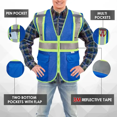 Miniatura 3 de 3M Chaleco de seguridad reflectante de alta visibilidad con cremallera y bolsillos, color azul, talla M