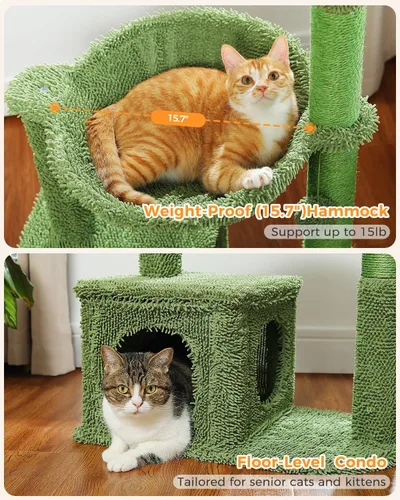 Miniatura 5 de MUTTROS Árbol de gato Cactus de 40" con torre para gatos, hamaca de alfombra grande de metal, poste para arañar para gatos de interior con Verde