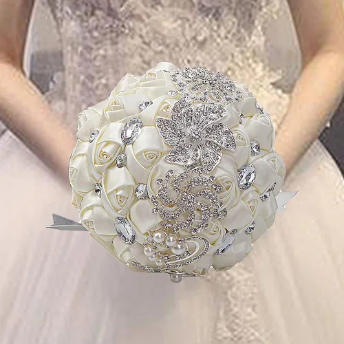 Miniatura 2 de XINNI Ramo de boda nupcial hecho a mano novia dama de honor satén rosa ramo de flores con diamantes de imitación perla encaje decoración de boda