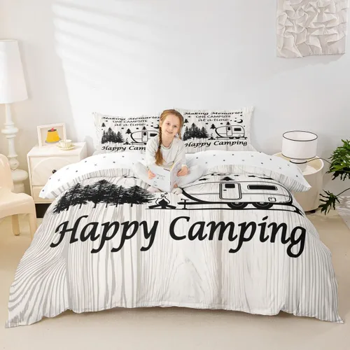 Happy Camping - Funda de edredón para niños, casa rodante y cámper, funda de edredón rústica para niños y niñas, decoración de habitación de niños y