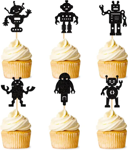 Miniatura 11 de Ercadio Paquete de 36 adornos para magdalenas de robots de dibujos animados impresos, selecciones de cupcakes, decoración de pasteles para temática