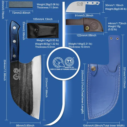 Miniatura 4 de XYJ Auténtico desde 1986, cuchillos de carnicero forjados antiguos, cuchillo de chef serbio con funda, cuchillo pequeño, cuchilla china para Azul