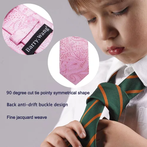 Miniatura 155 de Barry.Wang Corbata de niño regular seda tejida rayas sólido lazo bolsillo cuadrado