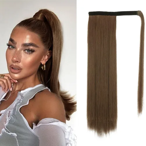 Miniatura 46 de BARSDAR Extensión de cola de caballo de 28 pulgadas largo recto envoltura alrededor del clip en pelo de fibra sintética para mujeres, negro