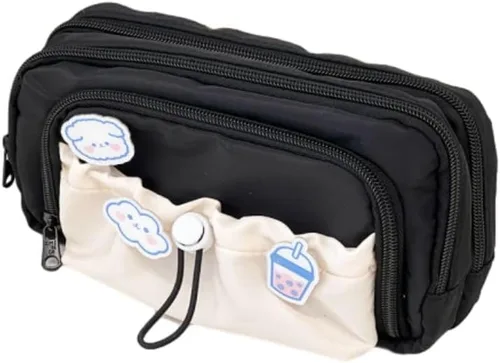 Estuche de lápices lindo y estético Kawaii con pines Kawaii, portalápices grande, suministros preppy (negro)