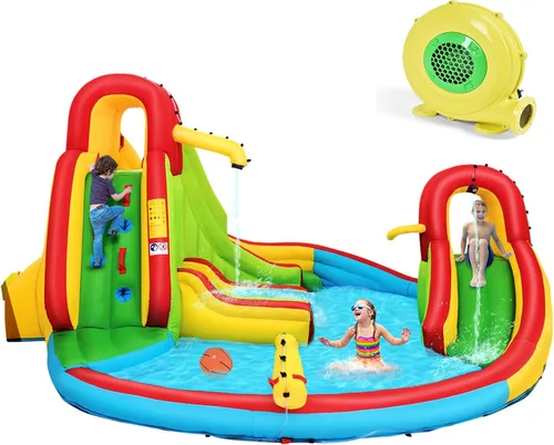 KOTEK Tobogán acuático inflable, tobogán acuático 8 en 1 con 2 toboganes, 2 paredes de escalada, piscina y cañón de agua, toboganes acuáticos