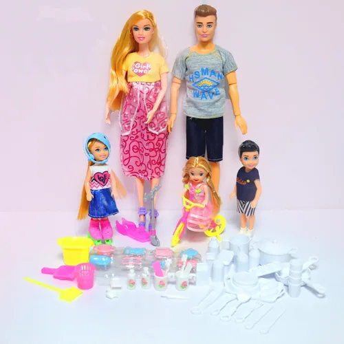 Miniatura 7 de UCanaan Juego de 6 muñecas familiares con papá, mamá embarazada, 3 niños y bebé en la barriga de mamá y 70 accesorios para educación y regalo
