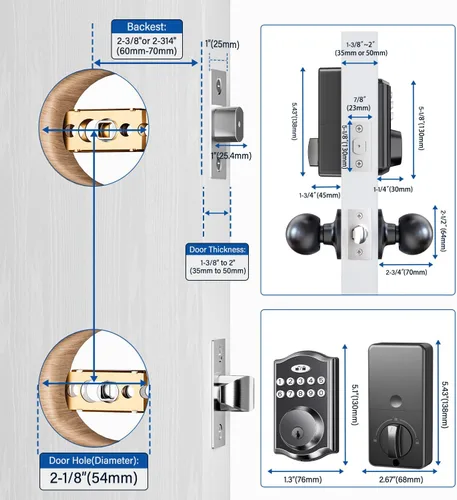 Miniatura 5 de Cerradura de puerta de entrada sin llave con 2 perillas, cerrojo electrónico retroiluminado con asa, bloqueo automático, códigos únicos, cerrojo