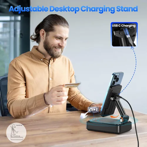 Miniatura 6 de Jteman Soporte para teléfono celular con altavoz Bluetooth y cargador inalámbrico, soporte de estación de carga de escritorio con altavoz