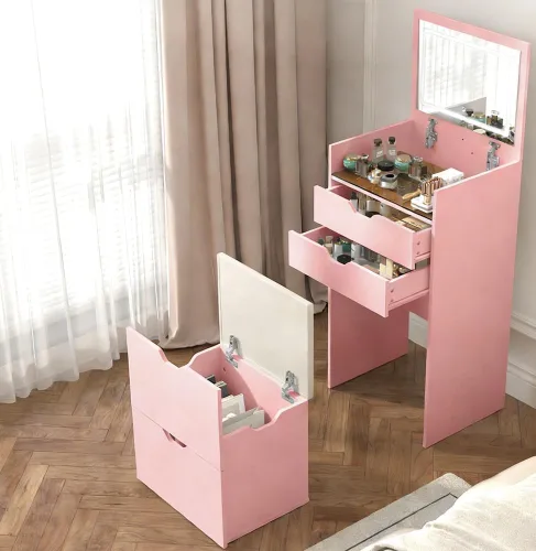 Miniatura 2 de Escritorio de tocador 3 en 1 para dormitorio con espejo iluminado superior abatible, tocador de maquillaje compacto de 17.9 pulgadas con 3 cajones