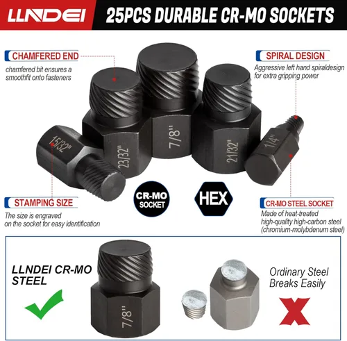 Miniatura 6 de LLNDEI Juego de extractor de tornillos con cabeza hexagonal, splines múltiples, extracción fácil de pernos redondeados, removedor de tornillos