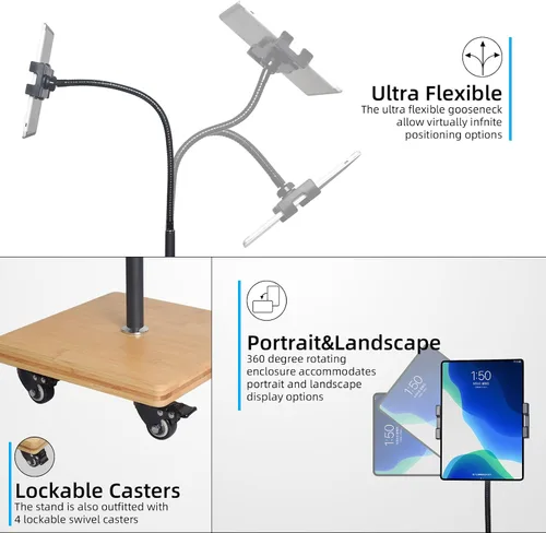 Miniatura 7 de wishacc Soporte de Piso para Tableta para Cama - Soporte de Tableta con Cuello de Cisne con Altura Ajustable y 4 Ruedas, Compatible con iPad mini