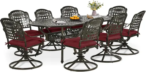 Miniatura 12 de Juego de comedor de patio de 9 piezas, mesa y sillas de patio al aire libre, mesa de comedor ovalada de aluminio fundido de 84 pulgadas con agujero