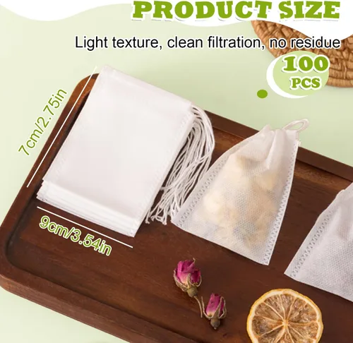 Miniatura 2 de WALWAL 100 bolsas de té desechables para té de hojas sueltas, bolsas de filtro de té biodegradables con cordón, bolsas infusoras de té de fibra
