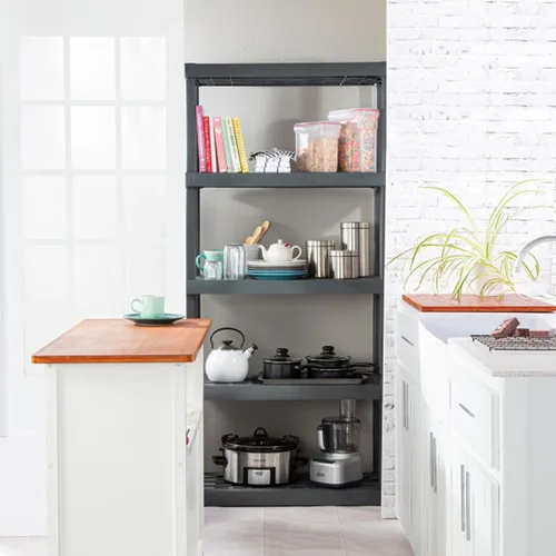 Miniatura 5 de Sterilite Paquete de 4 estantes con 5 estantes, estantes de almacenamiento resistentes para el hogar y el garaje, color gris, estantes organizadores