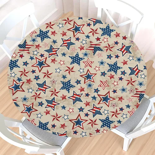 Miniatura 38 de Mantel redondo ajustable para el 4 de julio con borde elástico, impermeable, lavable, azul, rojo, blanco, estrella, patriótica, independencia, Día
