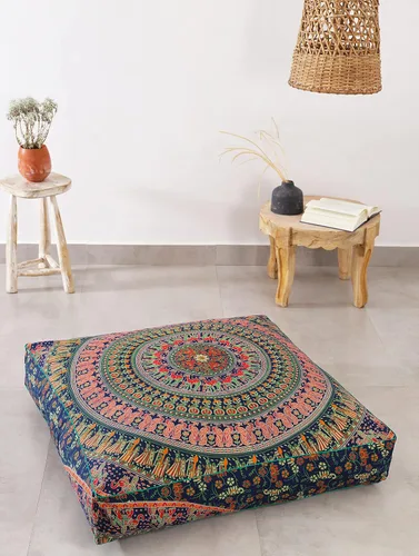 Miniatura 9 de Popular Handicrafts Funda de cojín de suelo – Funda de cojín de mandala de elefante hippie grande de algodón – Funda de puf redonda bohemia Azul