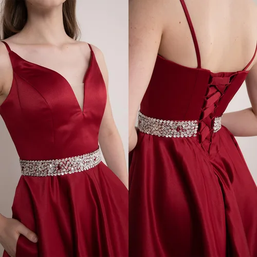 Miniatura 5 de Vestidos cortos de satén para baile de graduación, con tirantes delgados, vestidos de regreso a casa, cuello en V, con cuentas, vestidos de fiesta