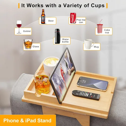 Miniatura 5 de Bestjing Bandeja de bambú para portavasos de sofá – 2 en 1 con soporte doble desmontable Be Slide-Away – Sofá sillón Caddy para beber aperitivos