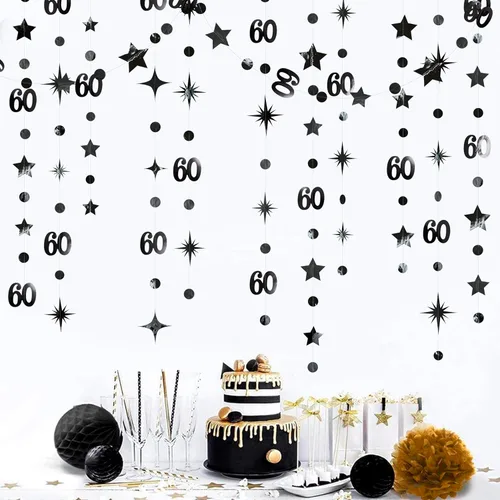 Decoración de cumpleaños número 60 negro, círculo de punto estrella, guirnalda colgante, banderines, telón de fondo para hombres, vítores a los 60