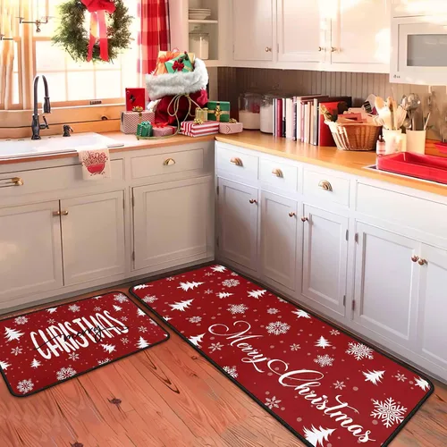 Miniatura 3 de Juego de 2 alfombras y tapetes de cocina de Navidad, decoraciones navideñas para el hogar, parte trasera antideslizante, tapete de cocina de Copo