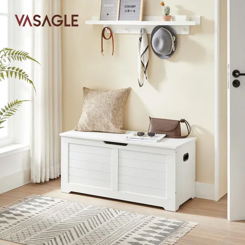 Miniatura 2 de VASAGLE Baúl de almacenamiento, banco de almacenamiento con 2 bisagras de seguridad, estilo casa de campo, 15.7 x 39.4 x 18.1 pulgadas, para Blanco
