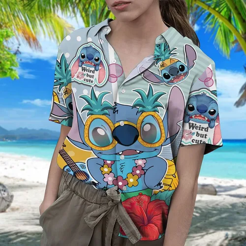 Miniatura 4 de HUNTFAMI Camisa hawaiana de película, linda camisa casual con botones de alienígena espacial, manga corta con botones, camisa tropical.