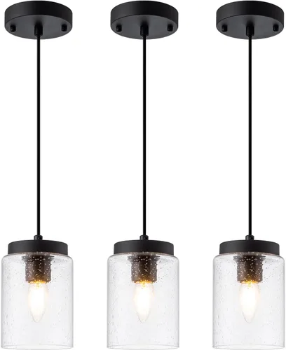 Paquete de 3 lámparas colgantes de vidrio semillado, iluminación colgante negra, moderna, mini iluminación colgante, cable ajustable para cocina,