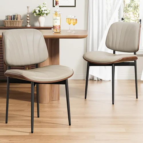 Miniatura 21 de REONEY - Juego de 4 sillas de comedor, modernas de mediados de siglo, tapizadas en piel sintética PU con respaldo de madera curvada de nogal y patas