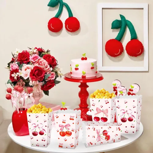 Miniatura 3 de Cajas de palomitas de maíz de cereza rosa, bolsas de regalo de cereza y lazos, 12 unidades, cereza en la parte superior, cajas de dulces, decoración