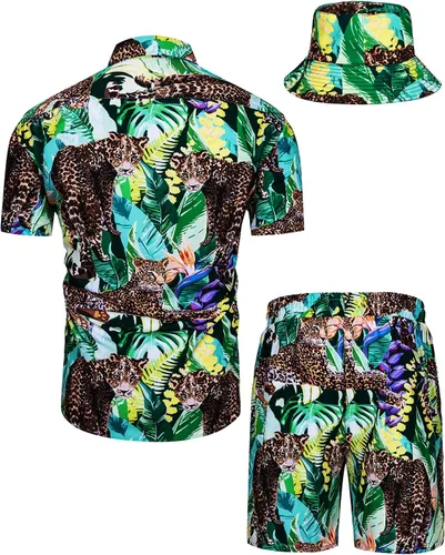 Miniatura 7 de TUNEVUSE Conjunto de camisas y pantalones cortos hawaianos para hombre, 2 piezas, trajes de playa con estampado de flores, traje tropical de verano