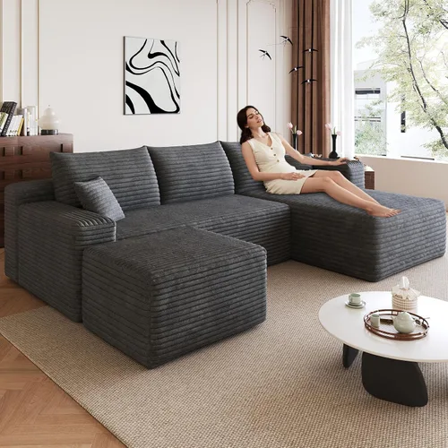 Miniatura 27 de Sofá modular de 95 pulgadas con otomana, moderno sofá nube de pana con asiento profundo, sofá sin hueso tapizado de 3 plazas en forma de U para sala