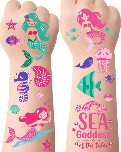 Tatuajes temporales de sirena para niños, 106 bonitos diseños de océano y sirena, impermeables, no tóxicos y agradables al tacto, fáciles de