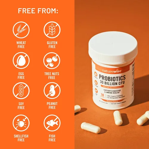 Miniatura 6 de NatureWise Max Probiotics for Women & Men - 30 mil millones de UFC, 18 cepas + prebióticos orgánicos, para la salud intestinal y digestiva, cápsulas