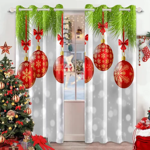 AWERT Cortinas de Navidad con Bolas Vibrantes para Sala de Estar, Cortinas Opacas de Navidad Juego de 2 Paneles, Ojales de Acero Inoxidable Plateado