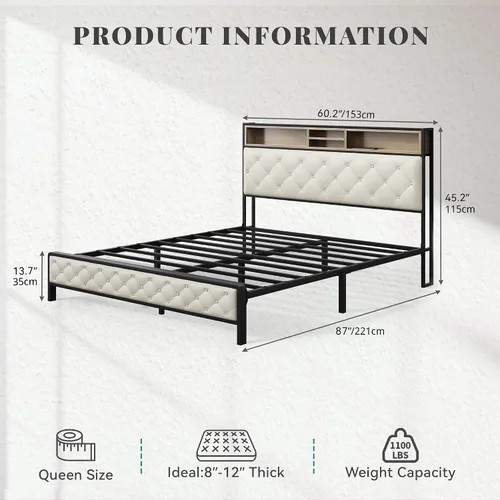 Miniatura 2 de YITAHOME Base de cama de plataforma tamaño Queen con cabecera de 45.2 pulgadas de alto, cabecera de almacenamiento tapizada con estación de carga