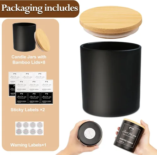 Miniatura 3 de CONNOO Paquete de 8 tarros de vidrio negros vacíos de 14 onzas para hacer velas con tapas de bambú y etiquetas adhesivas, tarros para hacer velas a