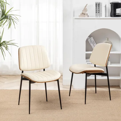 Miniatura 7 de LUNLING Sillas de comedor modernas de mediados de siglo, silla retro beige de piel sintética con asiento tapizado de madera curvada de nogal, patas