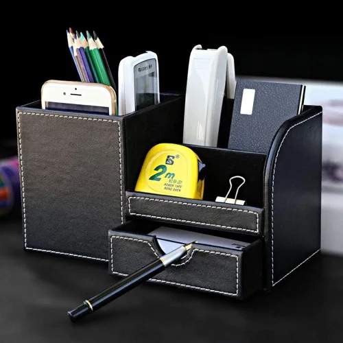 Miniatura 6 de KINGFOM Organizador de escritorio caddy de suministros de oficina de cuero PU, caja de almacenamiento multifunción para bolígrafo/lápiz, teléfono