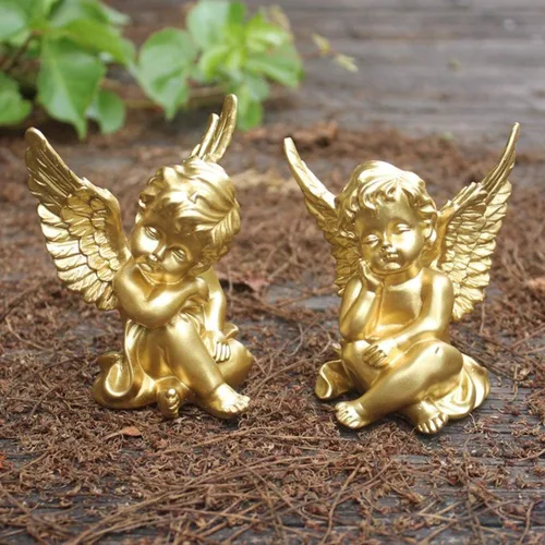Miniatura 4 de OwMell - Juego de 2 figuras de estatua de ángeles querubines de resina, decoración para el hogar interior, adorable estatua de ángel de escultura