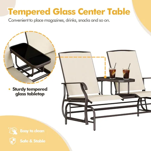 Miniatura 4 de Yaheetech Planeador de 2 asientos para exteriores con mesa central, sofá biplaza mecedora para patio con marco de metal resistente de malla Beige