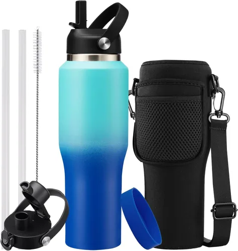 Miniatura 24 de Botella de agua de acero inoxidable de 32 onzas, frío-48 horas y caliente-24 horas, termo con popote y tapas de boquilla, bolsa, botella aislada al
