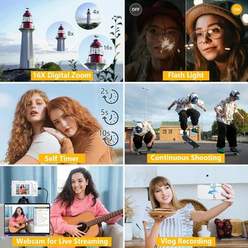 Miniatura 6 de Cámara digital 4K para enfoque automático de fotografía, cámara de vlogging WiFi de 64MP para YouTube con 2 baterías, tarjeta SD, pantalla abatible