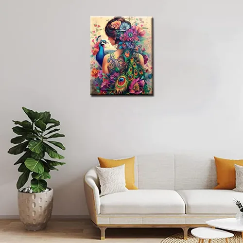 Miniatura 2 de Tucocoo Pintura lateral de mujer por números para adultos principiantes, pintura de pavo real por números sobre lienzo, fácil de pintar