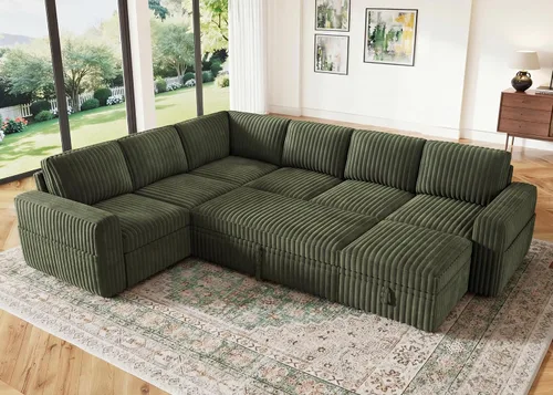 Miniatura 17 de HONBAY - Sofá seccional modular con cama desplegable, sofá en forma de L de pana con almacenamiento, sofás seccionales para sala de estar, verde