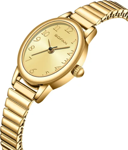 Miniatura 2 de BOFAN Relojes pequeños de oro para mujer, relojes de pulsera de cuarzo de fácil lectura con banda de expansión de acero inoxidable, resistente al