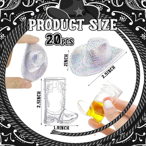 Miniatura 4 de Vesici 20 vasos de tiro de bota de vaquero de 1 onza plateados, mini sombrero de vaquera occidental, decoración de fiesta de despedida de soltera