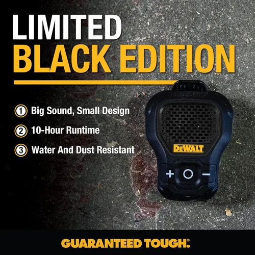 Miniatura 2 de DEWALT Altavoz Bluetooth Portátil Vestible [Edición Onyx - Negro] Altavoz Portátil Inalámbrico con Clip para Sitio de Trabajo Pro Resistente al Agua