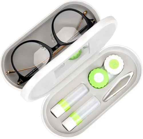 Miniatura 8 de Muf Funda portátil 2 en 1 para lentes de contacto y funda para anteojos, diseño de doble uso con espejo integrado, pinzas y botella de solución